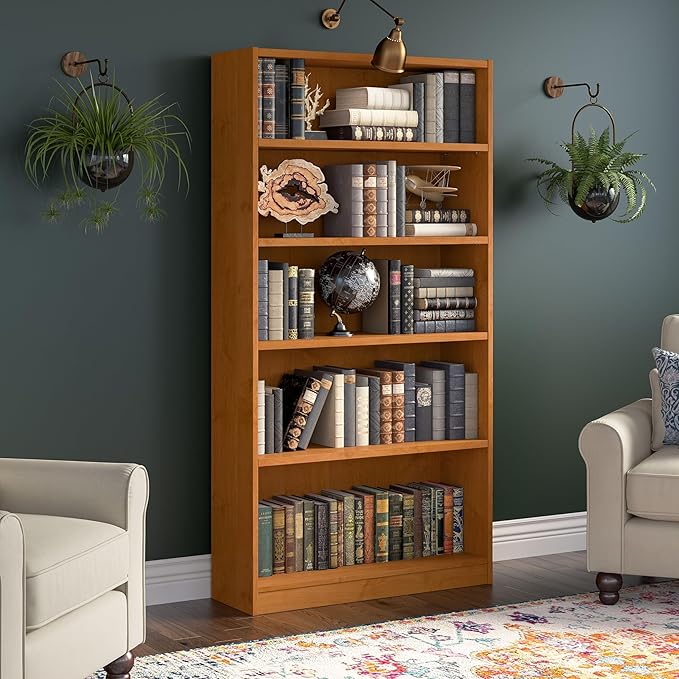 Bush Furniture Universal Tall 5 Shelf Bookcase in Natural Cherry, Vertical Storage and Display Bookshelf for Home Office or Living Room Organization