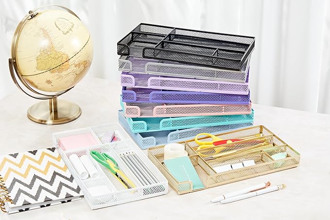 Annova Desk Drawer Organizer Tray for Office Organization - Metal Mesh - Storage Tray with Dividers for Pens, Desktop Accessories, Bathroom, Kitchen, Makeup and Office Supplies (Small, Light Pink)