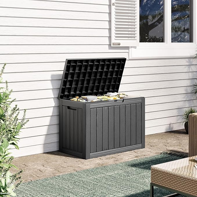 Outdoor Storage Box, Weather-Resistant Resin Deck Box for Patio, Balcony, Poolside, Holds Garden Tools & Cushions (45 Gallon, Black)