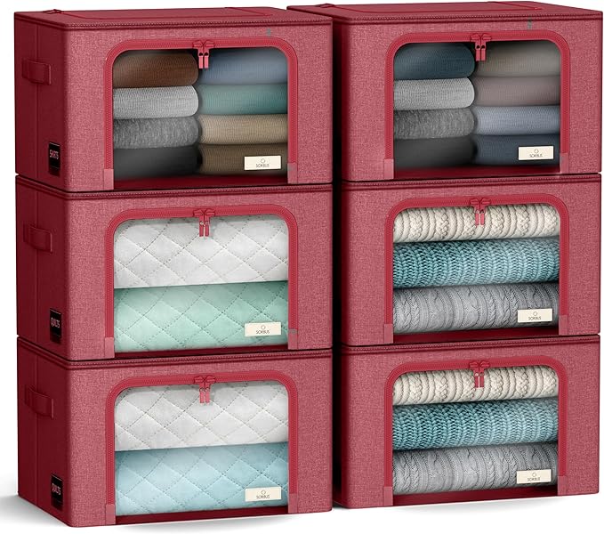 Sorbus Storage Bins with Metal Frame - Stackable & Foldable Clothes Organizer Bags - Oxford Fabric Storage Containers with Large Clear Window & Carry Handles Organization for Bedding Linen & Clothing