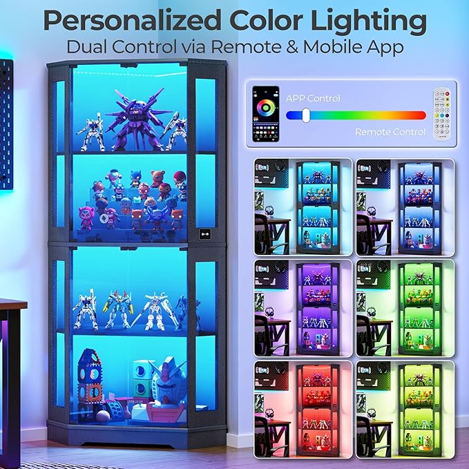 IRONCK 71 Inch Carbon Fiber Corner Glass Display Cabinet with Human Body Sensor & 6-Color LED Lights, 4-Tier Tempered Glass Display Case with 2 Adjustable Shelves for Collectibles, Toys, Black