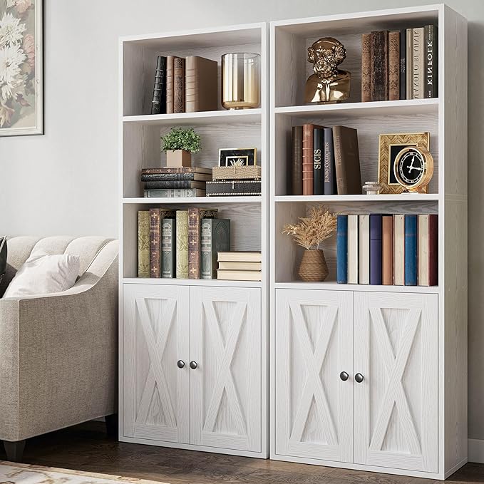 IRONCK Industrial Bookshelves and Bookcases with Doors 11.8 in Depth Set of 2 Floor Standing 5 Shelf Display Storage Shelves Bookcase Home Decor Furniture for Home, Office, Living Room, Bedroom