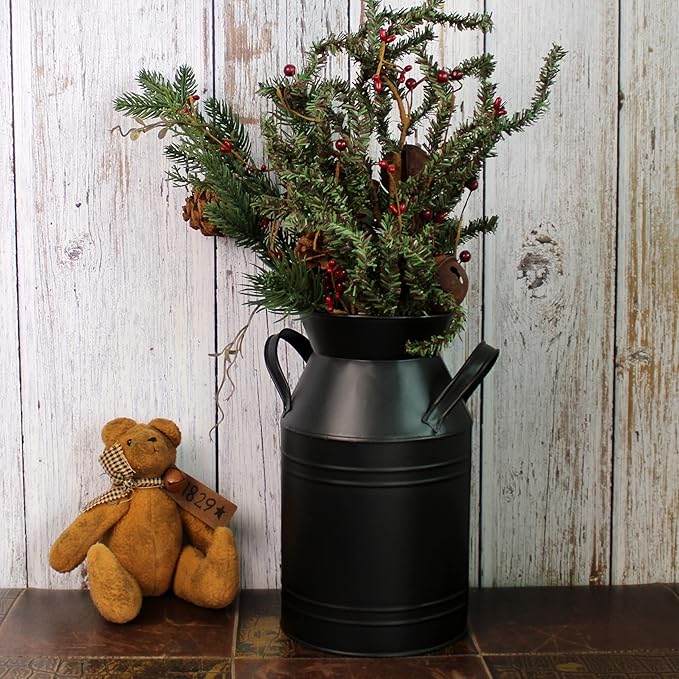 CVHOMEDECO. Farmhouse Galvanized Metal Milk Can, Old Rustic Primitives Jug Vase for Home and Garden Décor. Black