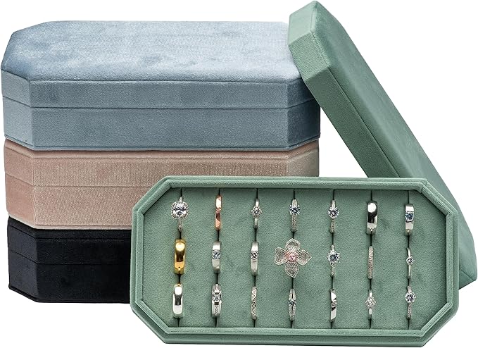 Velvet Ring Organizer Display Tray Jewelry Box Earring Holder Case for Wedding Birthday Christmas Day (Emerald Green)