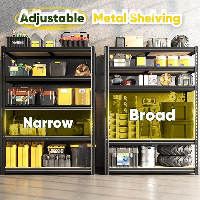 72" H Garage Shelving, 5 Tier Storage Shelves Load 2500 lbs, Adjustable Garage Shelves, Metal Shelving Unit for Warehouse, Basement, Pantry, 40" Wx 16" D x 72" H, Black