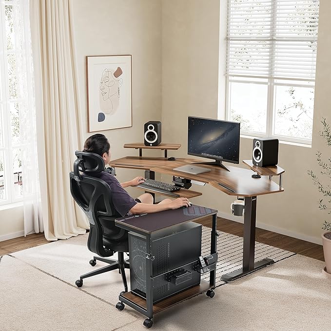 EUREKA ERGONOMIC PC Stand Computer Cart, Height Adjustable Tower Stand 2-Tier Suit for ATX Case Printer, Metal Rolling Cart on Wheels for Gaming Home Office, Walnut