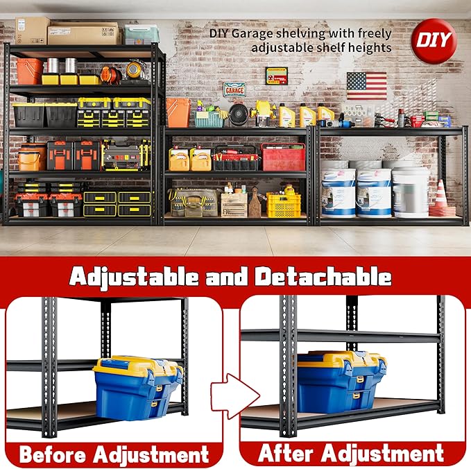 40" W Garage Shelving 2250LBS Storage Shelves Adjustable Metal Shelving 5 Tier Garage Utility Rack Shelf for Warehouse, Pantry, Closet, Kitchen 72.2" H x 40" W x 20" D, Black