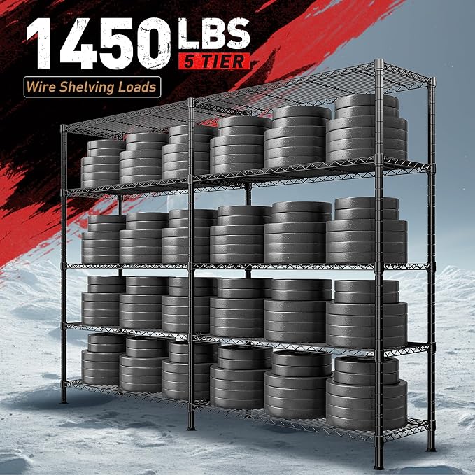 REIBII 1450LBS Metal Shelving Unit Storage Shelves 5 Tier Wire Shelving 58.1''W Pantry Shelves Wire Shelf Adjustable Garage Shelving Heavy Duty Storage Rack for Pantry Kitchen Garage, Black