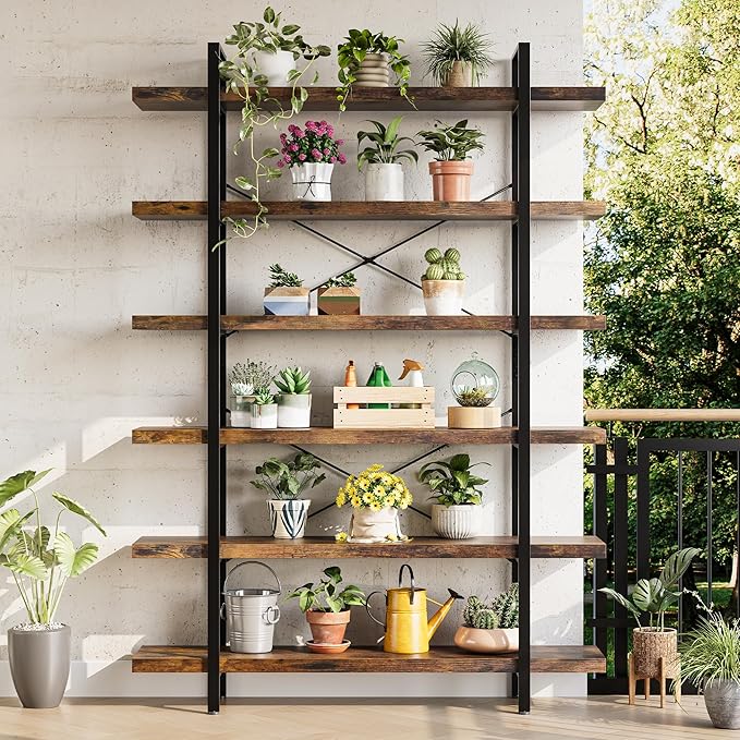 Heavy Duty 6-Tier Industrial Bookcase, 47" Wide Wood Bookshelf for Home Office, 120lbs Shelf Capacity, Rustic Open Shelving Display with Reinforced Horizontal Shelf for Living Room Bedroom