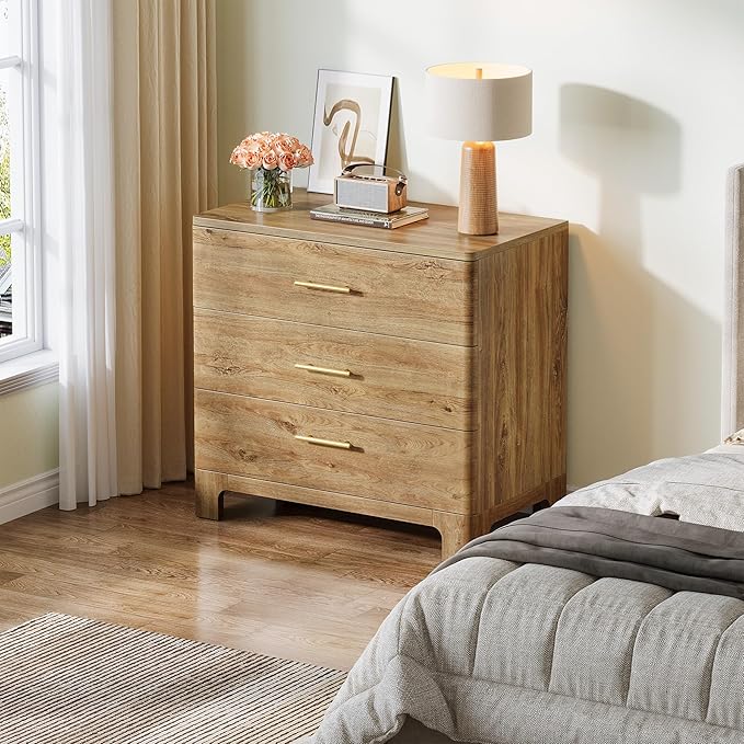 Tribesigns Extra Large Three Drawers Nightstands Set of 2, 31.5" Wooden Rustic Brown Bedside Table with Drawers Storage and Mental Handles for Bedroom, Easy Assembly (2)