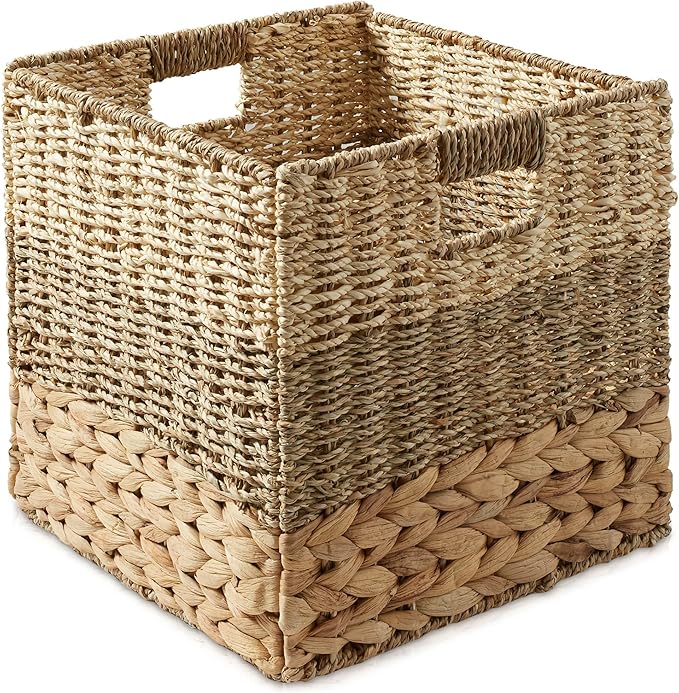 Casafield 13" x 13" Mixed Weave Storage Baskets, Natural - Set of 6 Woven Hyacinth Seagrass Wicker Storage Cube Bins for Bathroom, Bedroom, Laundry, Pantry, Shelves