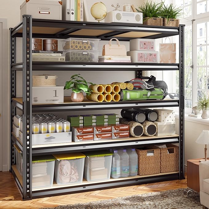 2800 LBS Garage Shelving 72.2" H Garage Storage Shelves, 5 Tier Adjustable Shelving Unit, Storage Shelves for Storage, Basement, Warehouse, Pantry, Kitchen, 48.1" W x 24.1" D x 72.2" H, Black, 2 Pack