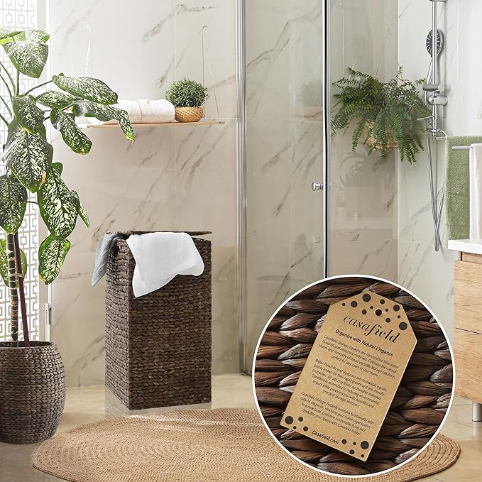 Casafield Laundry Hamper with Lid and Removable Liner Bag - Espresso Dark Brown, Woven Water Hyacinth Square Laundry Basket Sorter for Clothes, Towels