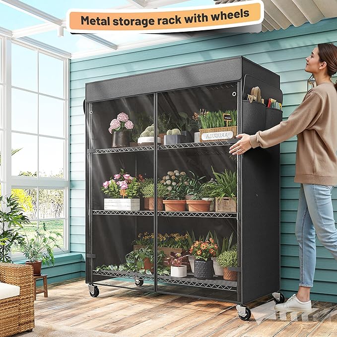 REIBII 4-Tier Storage Shelves Wire Shelving Unit with Cover & Wheels, Heavy Duty Metal Shelving for Dorm Storage Shelves, Garage Storage Rack Commercial Shelf, Pantry, Kitchen, 36" W*14.3" D*56.5" H