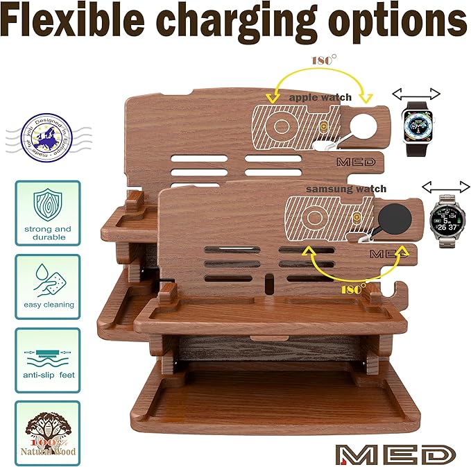 MED Wood Phone Docking Station – Nightstand Desk Organizer for Phone, Watch, Wallet & Tablet – Gift for Men, Husband, Dad & Women – Wooden Charging Stand, (Black, Model 2)