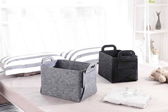 Minoisome Storage Basket Felt Storage Bin Collapsible& Convenient Box Organizer with Carry Handles for Office Bedroom Closet Babies Nursery Toys Laundry (Dark grey, 13.8inch（L）×9.5inch（W）×8.3inch（H）)