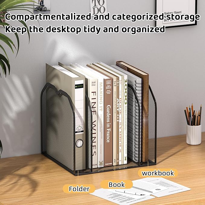 Black 5-Section File Folder Organizer for Desk – Metal Vertical File Holder, Desktop File Organizer Vertical Stand, Letter/A4 Folder Rack, Upright File Sorter