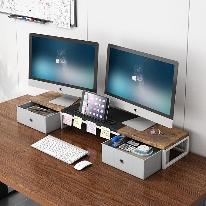 Dual Monitor Stand Riser with 2 Drawers - 39Inch Large Storage Computer Monitor Stands for 2 Monitors, Wooden Desktop Organizer Perfect for Home Office Desk, Computer, Laptop, TV