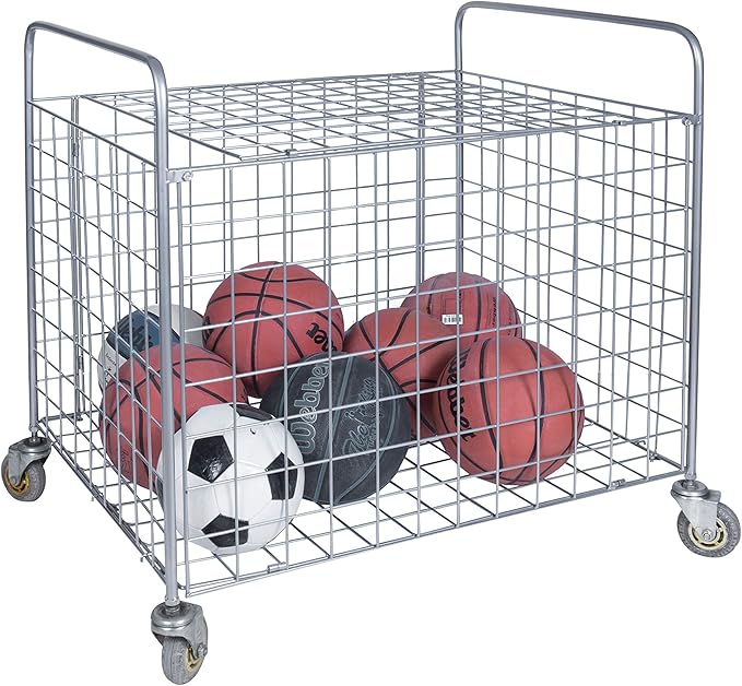MyGift Professional Gym Metal Multi Sports Ball Storage Cart with Jumbo Industrial Wheels, Commercial Grade Portable Equipment Locker Cage for Basketball, Football, Soccer, Volleyball