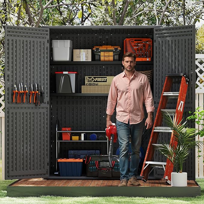 EHHLY Vertical Resin Storage Shed with 2 Shelves, 60 Cuft Garden Tool Sheds & Outdoor Storage, Plastic Outdoor Storage Cabinet Waterproof, 4.5 x 2.3 ft Backyard Outside Lawn Mower Storage Shed, Grey