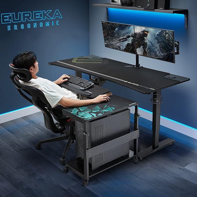 EUREKA ERGONOMIC PC Stand Computer Cart, Height Adjustable Tower Stand 2-Tier Suit for ATX Case Printer, Metal Rolling Cart on Wheels for Gaming Home Office, Black