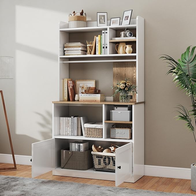 Book Shelf, 5-Tier Bookshelf, Bookcase, 71 inch Tall Bookcase with Doors, Bookshelves and Bookcases with Storage Cabinet and 6 Open Cubes, 3 AC Outlets for Home Office, Living Room, Study, White