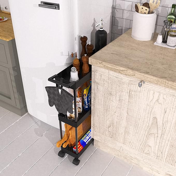 Simple Houseware 3-Tier Slim/Narrow Storage Cart with Handle, 5.5'' Wide x 26.5'' Height Rolling Organizer for Kitchen, Bathroom, Laundry Room - Black