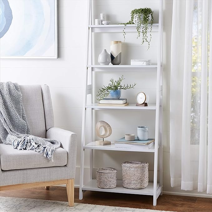 Amazon Basics Ladder Bookshelf Organizer, 5-Tier, Solid Rubberwood Frame, White Finish, 14D x 24.8W x 70.1H in