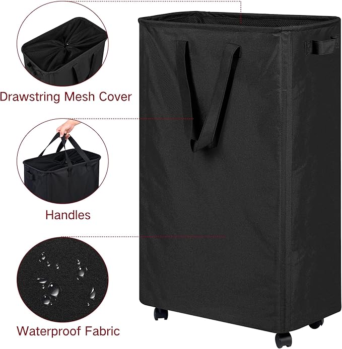 efluky Slim Rolling Laundry Basket for Clothes, Bedroom & Dorm (Black, 75L)