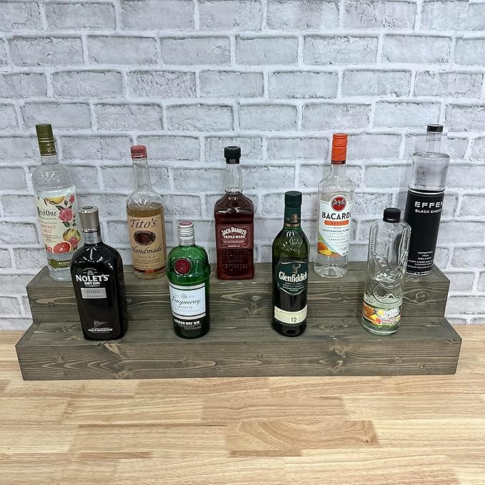 Tiered Bottle Shelf | 2 Tier Liquor Bottle Display | Bar Organization | Weathered Grey, 18" W x 4.25" D