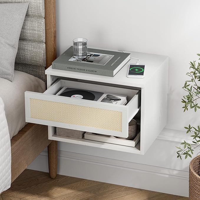 Rattan Floating Nightstands Set of 4, Wall Mounted End Table with Drawer and Open Compartment Modern Wood Bedside Night Stand Storage Cabinet for Bedroom Living Room, Antique White