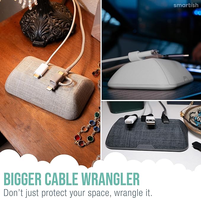 Smartish® Magnetic Cord Holder - Bigger Cable Wrangler Stocking Stuffer Organizer with Magnet Clips for Charger Management on Desktop, Nightstand - Holds 6+ Cables - Snow Day White