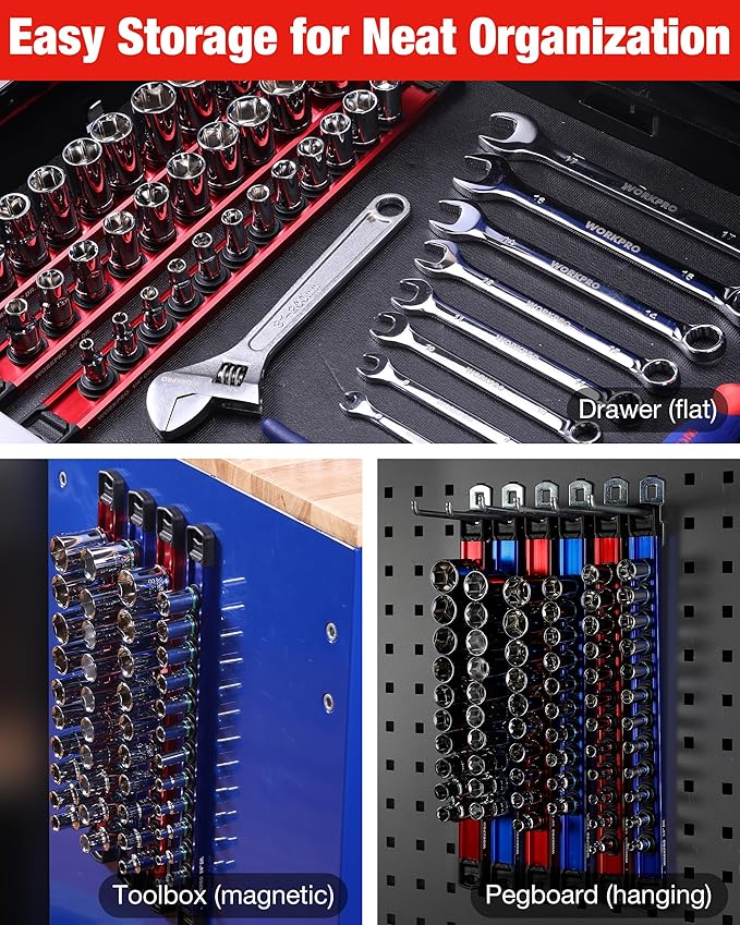 WORKPRO Magnetic Socket Organizer, 1/4" Drive Aluminum Alloy Socket Holder, Heavy Duty Socket Rail with 12 PC Removable Socket Clips, Socket Organizer Tray for Tool Box Drawer (Sockets Not Included)