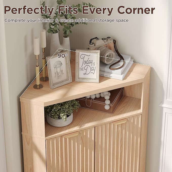 Vabches Corner Cabinet, Corner Bathroom Cabinet with Open Storage, Modern Fluted Storage Cabinet with 2 Doors and Adjustable Shelf, Space Saver for Bathroom, Kitchen, Living Room, Pantry, Natural