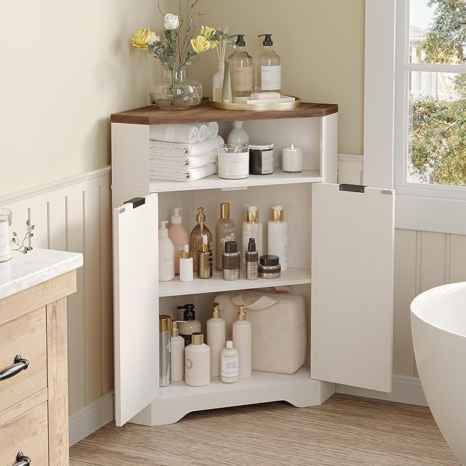 Vabches Corner Cabinet, Corner Bathroom Cabinet with Open Storage, Modern Fluted Storage Cabinet with 2 Doors and Adjustable Shelf, Home Space Saver for Bathroom, Kitchen, Living Room, Pantry, White