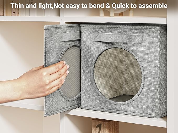 Vailando Foldable Fabric Storage Cube with Round Window - 4 Pack 11"x11"x11" Collapsible Closet Organizer Bins for Clothes, Shelves, Offices, Toys & Misc, Light Gray