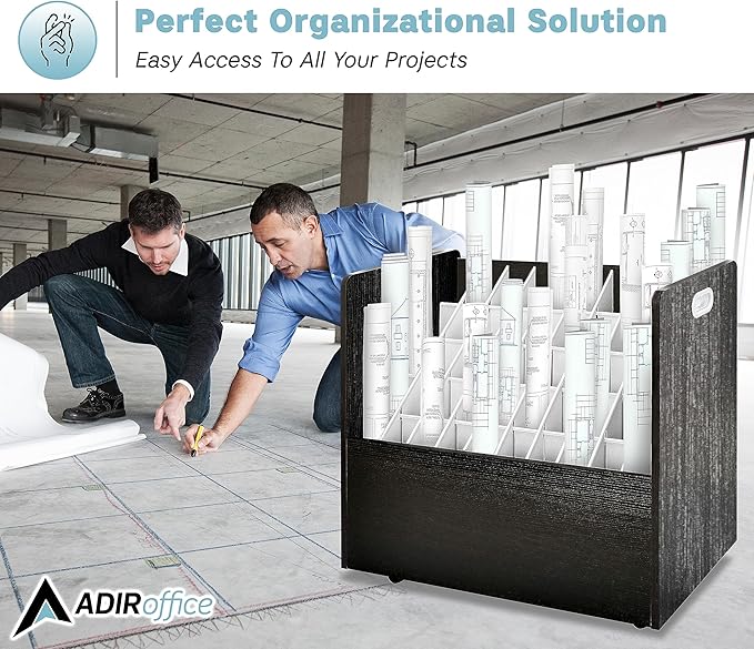 Adir Blue Print Storage Organizer - Mobile Roll File Cart, Construction Plan Holders, Blueprint Cabinet with Wheels, Roll Files Storage for Office and Home (50 Slots, Black)