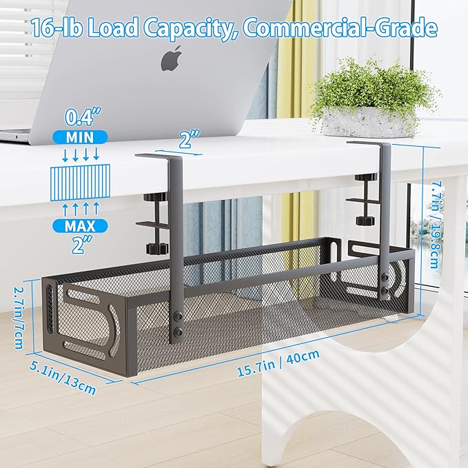 No Drill Under Desk Cable Management Tray, SONATURE 15.7" Cord Organizer for Table, Clamp Mount Desk Cable Management, Premium Carbon Steel Cable Organizer for Office, Home (Black)