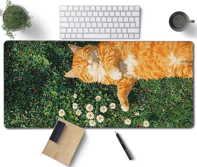 Cozy Cat Large Mouse Pad, Grass Daisy Gaming Desk Mat, XXL Keyboard Desk Pad Mat for Desktop, 35.4"x15.7" Non-Slip Base Big Mousepad with Stitched Edges