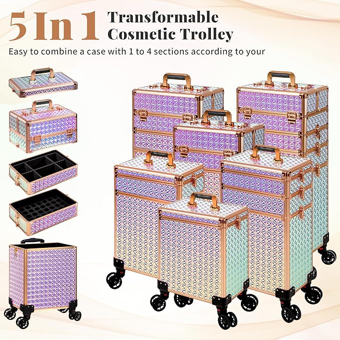 AROUS 5 in 1 Rolling Makeup Train Case Cosmetology Case on Wheels Large Cosmetic Organizer Travel Cart for Hairstylist Artist Nail Beauty Salon Barber,Colorful