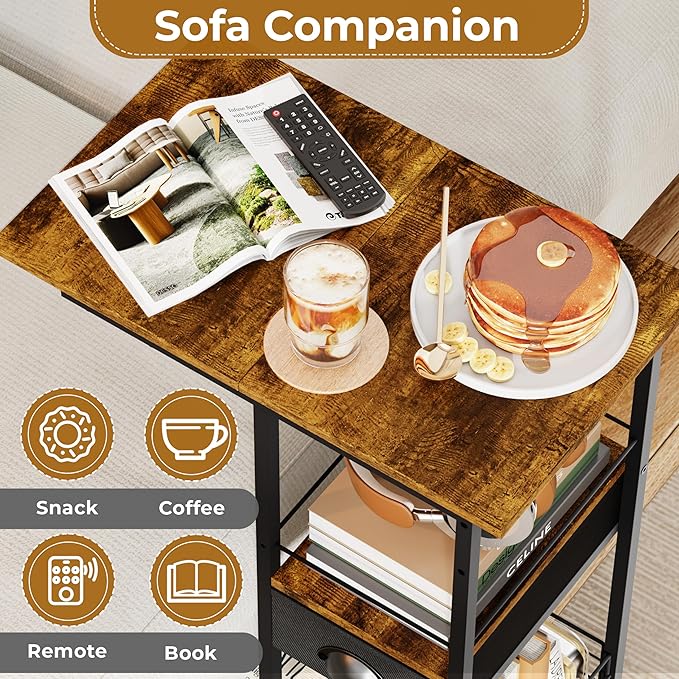 C Shaped Sofa Side Table with Wheels, Rolling Small Coffee Table with Drawer, Portable TV Tray Table for Couch, Bedside Table with Storage, Narrow Nightstand for Bedroom, End Tables Living Room