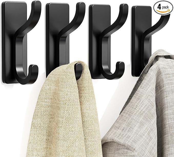 pickpiff Adhesive Wall Coat Hooks - Heavy Duty Stick-On Door Hanger, Black Metal Hook for Hanging Towel,Purse, Robe, Backpack, Jacket, Clothes - for Bathroom,Dorm, Closet, Kitchen - 4 Pack