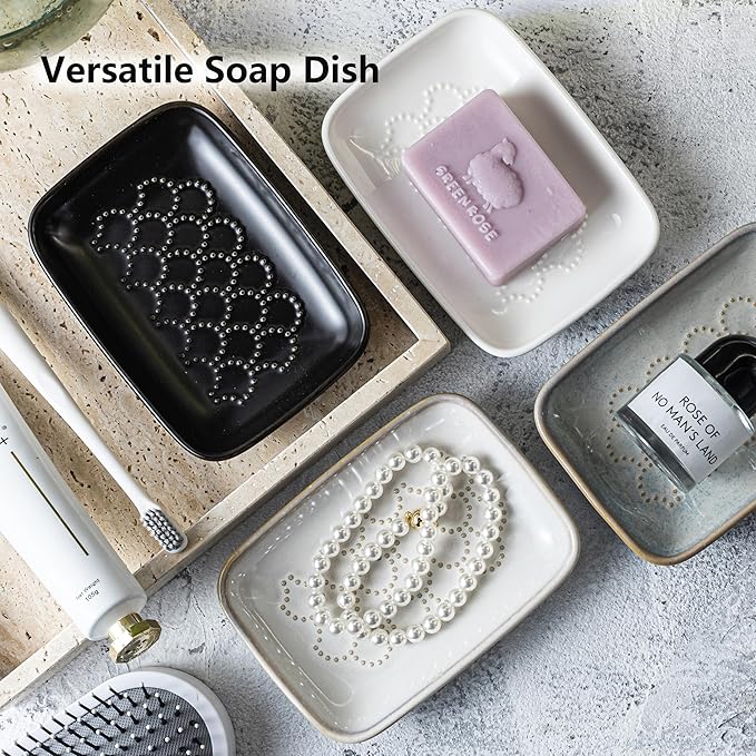Gomakren Soap Dish for Shower, Christmas Ceramic Soap Dishes for Bar Soap Sponge, Shower Soap Holder Saver Tray for Bathroom Kitchen Sink, Easy to Clean, Beige