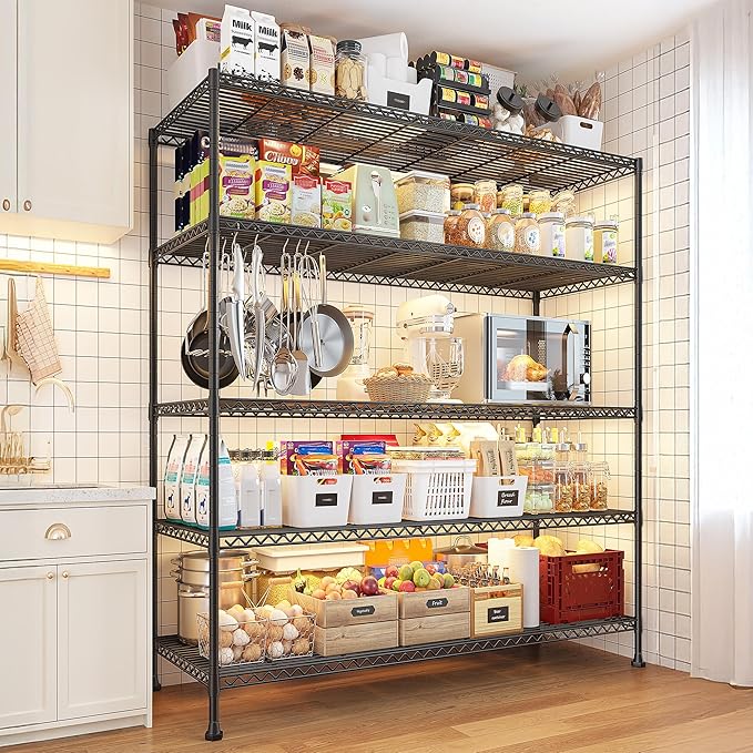REIBII 45.8''W Storage Shelves 5 Tier Wire Shelving Metal Shelves for Storage 1000LBS Adjustable Heavy Duty Metal Shelving Unit Storage for Pantry Kitchen Garage 45.8" W x 71" H x 17.2" D 4PCS