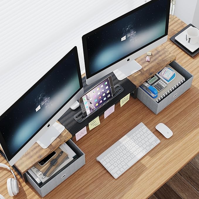 Dual Monitor Stand Riser with 2 Drawers - 39Inch Large Storage Computer Monitor Stands for 2 Monitors, Wooden Desktop Organizer Perfect for Home Office Desk, Computer, Laptop, TV