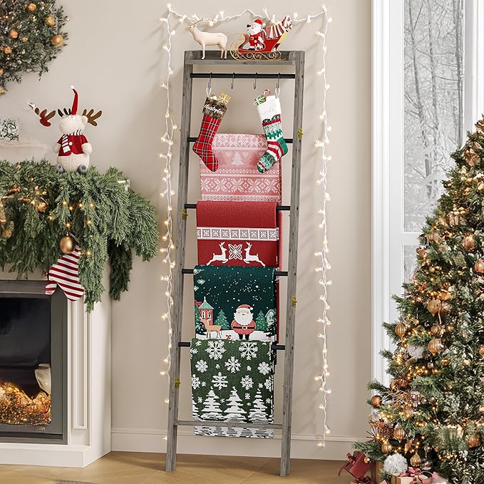 Blanket Ladder Shelf, Decorative Quilt Rack, 7-Tier Farmhouse Ladder Holder Organizer with 4 Removable Hooks, Greige BR36805B