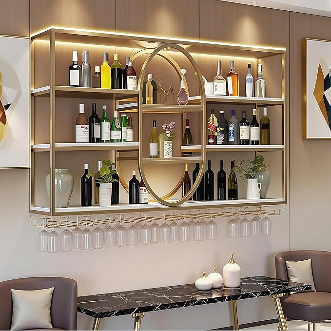 71IN Large Wall Mount Wine Rack, Metal 4 Tier Hanging Bottle Holder with Wine Glass Storage Racks, Modern Floating Wine Shelves for Home Bar Dining Room Decoration (Gold)