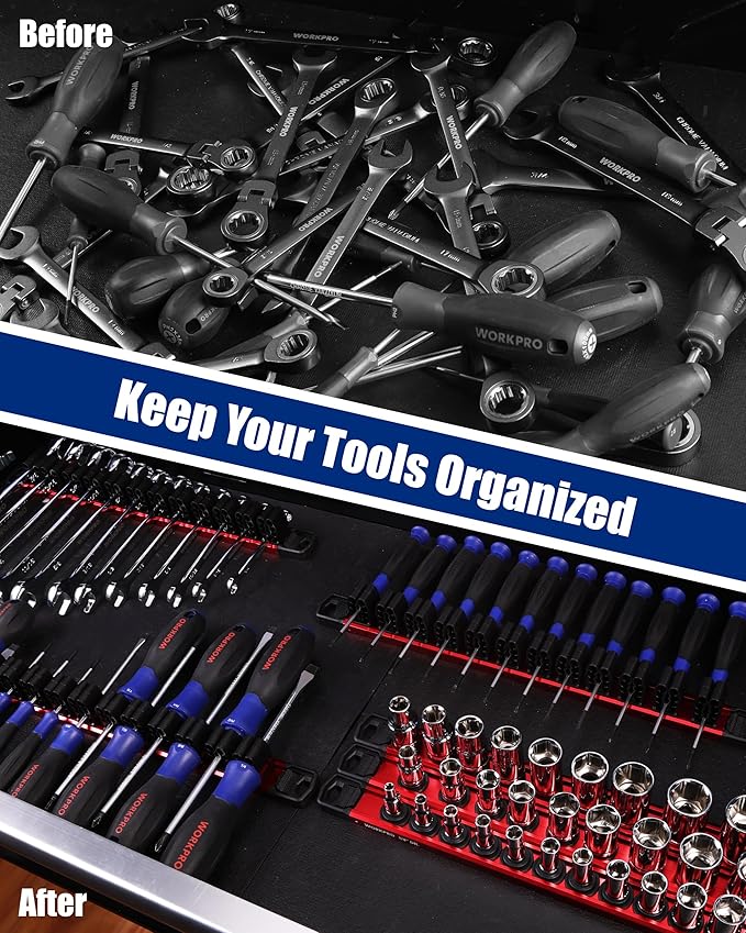 WORKPRO 6-Piece Magnetic Socket Organizer and Magnetic Screwdriver Organizer Set, 3-Piece 1/4", 3/8" & 1/2" Drive Metric & SAE Socket Rail, 3-Piece Screwdriver and Wrench Holder(Sockets not Included)