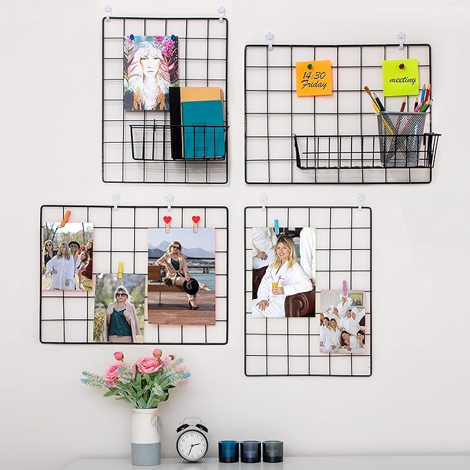 ODOXIA 4-Pack Wire Wall Grid Panel | Photo Grid Wall Decor | Metal Board for Hanging Pictures | Black Wire Organizer for Home, Office & Kitchen | Panel for Display & Storage