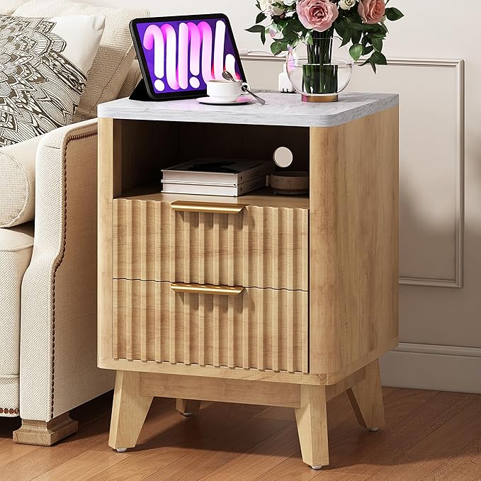 AMERLIFE Fluted Nightstand with Charging Station and Faux Marble Top, 18" Modern Bedside Table with 2 Drawers and Metal Handle, Side Table for Bedroom, Living Room, Natural Oak
